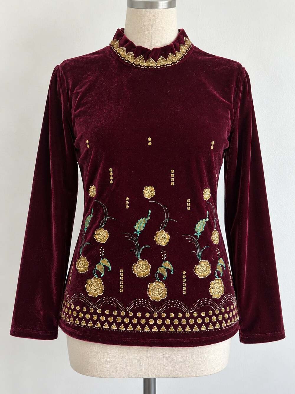 Vintage 80s 90s Burgundy Velvet Embroidered Mock Neck Blouse Top Size 14